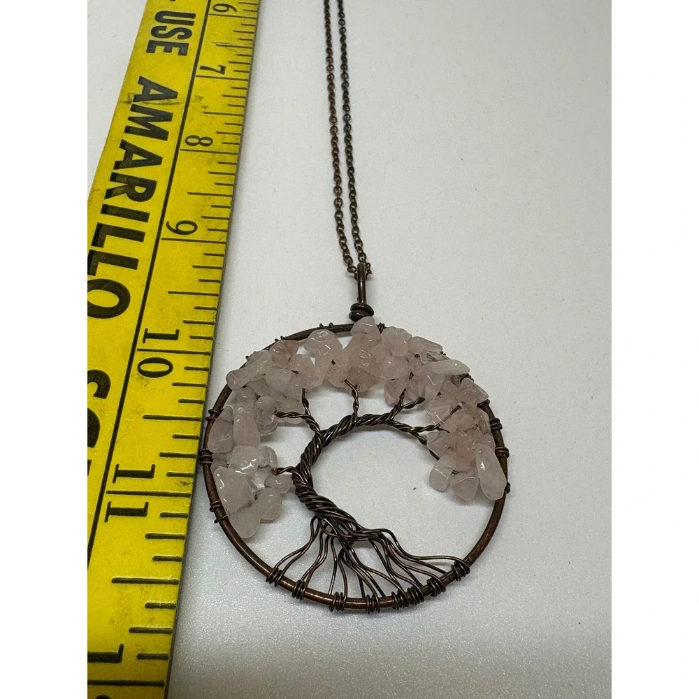 Rose Quartz Tree of Life Wire Wrapped Pendant Necklace Copper Tone